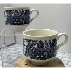 Blue Willow Churchill England Tea Cups Coffee Cups Set Of 2 Vintage Cottage